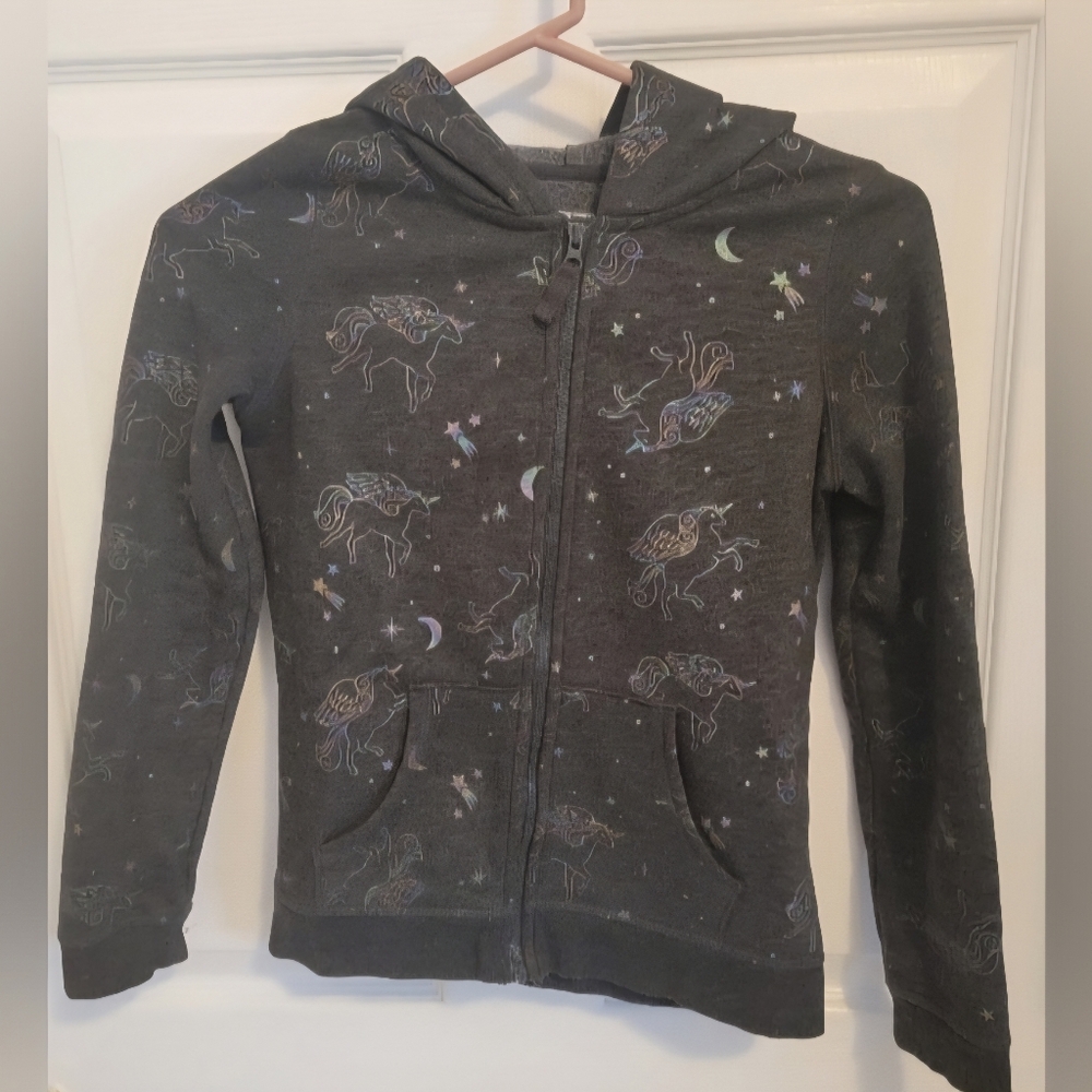 Jumping Beans Holographic Charcoal Unicorn Zip Up Hoodie Girls Size 10